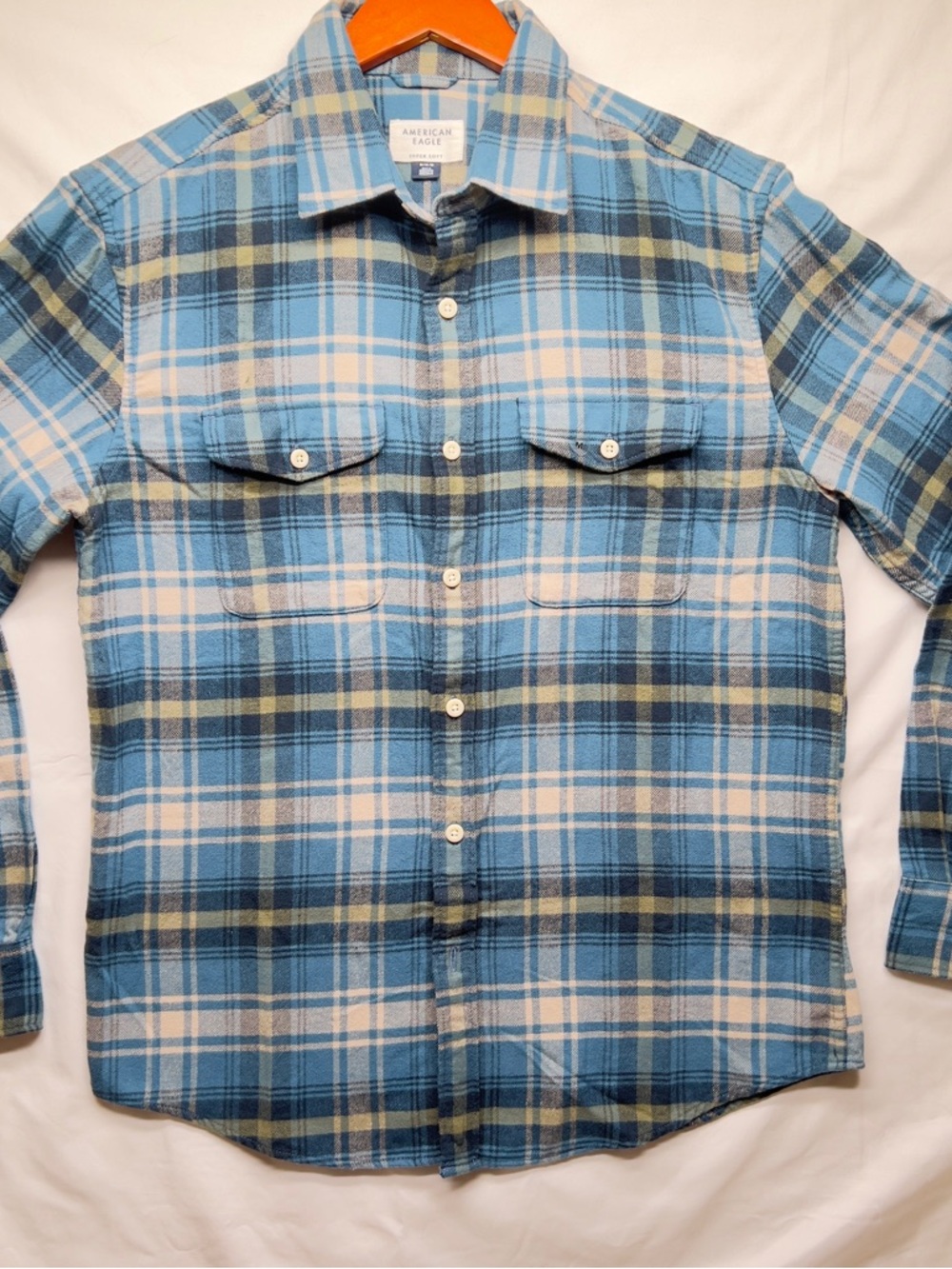 American Eagle Light Blue and Cream Plaid Flannel Shirt